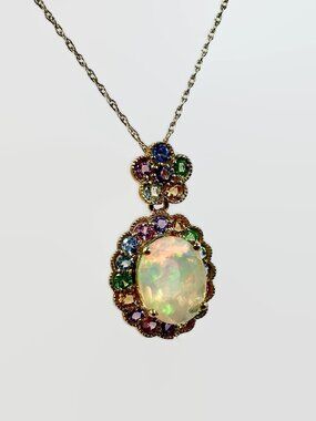 Opal Pendant, 10K Gold, Necklace, Tourmaline, Rainbow, Pastel, Chain, Vintage
